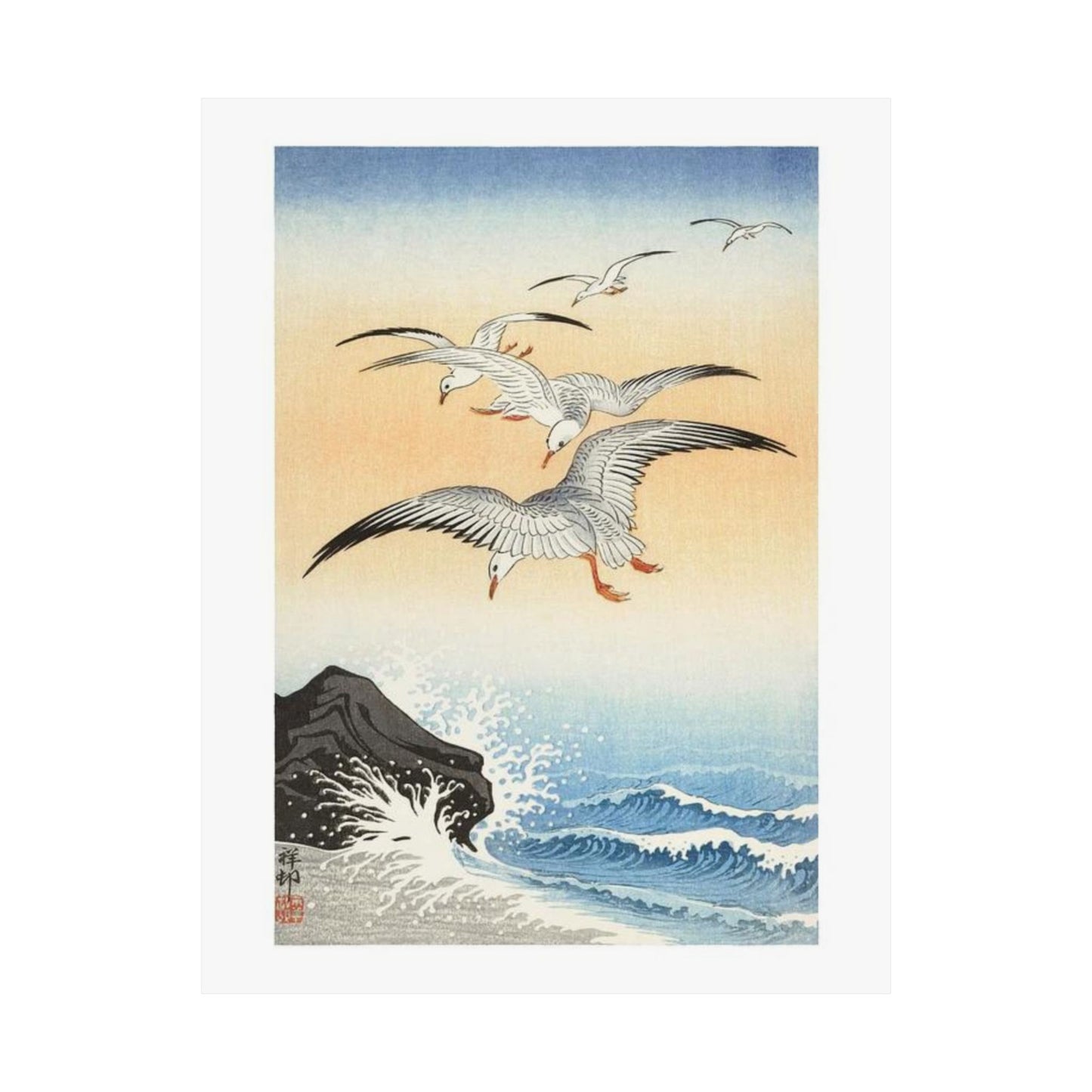 Japanese Art Print - Ohara Koson Five Seagulls Above Turbulent Sea - Nature Art Poster - Ideal Home Decor Gift