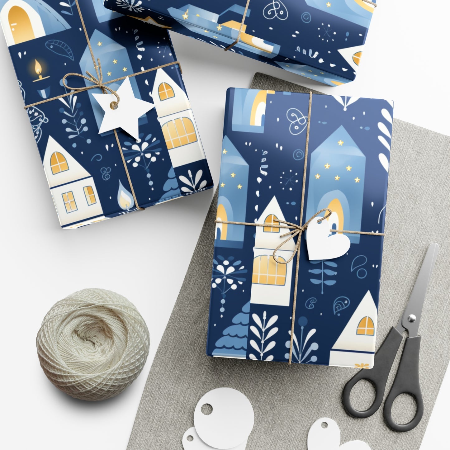 Blue Cozy Homes & Candles Gift Wrapping Paper - Elegant Winter - Themed Wrap for Special Occasions, Hanukkah, Birthdays, Holidays