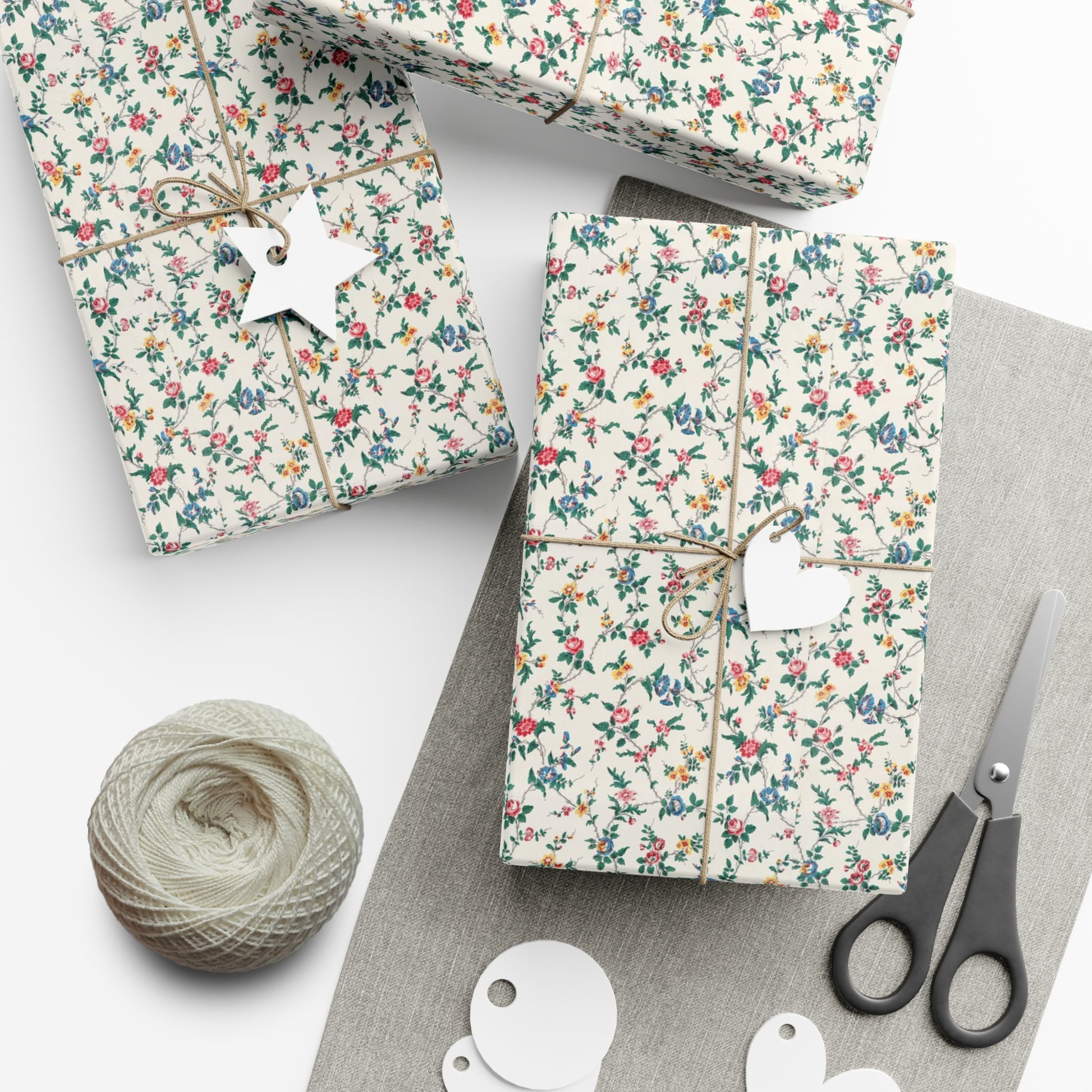 Elegant wildflower gift wrap in soft beige with delicate floral design, eco-friendly wrapping paper for birthdays, weddings, and special occasions.