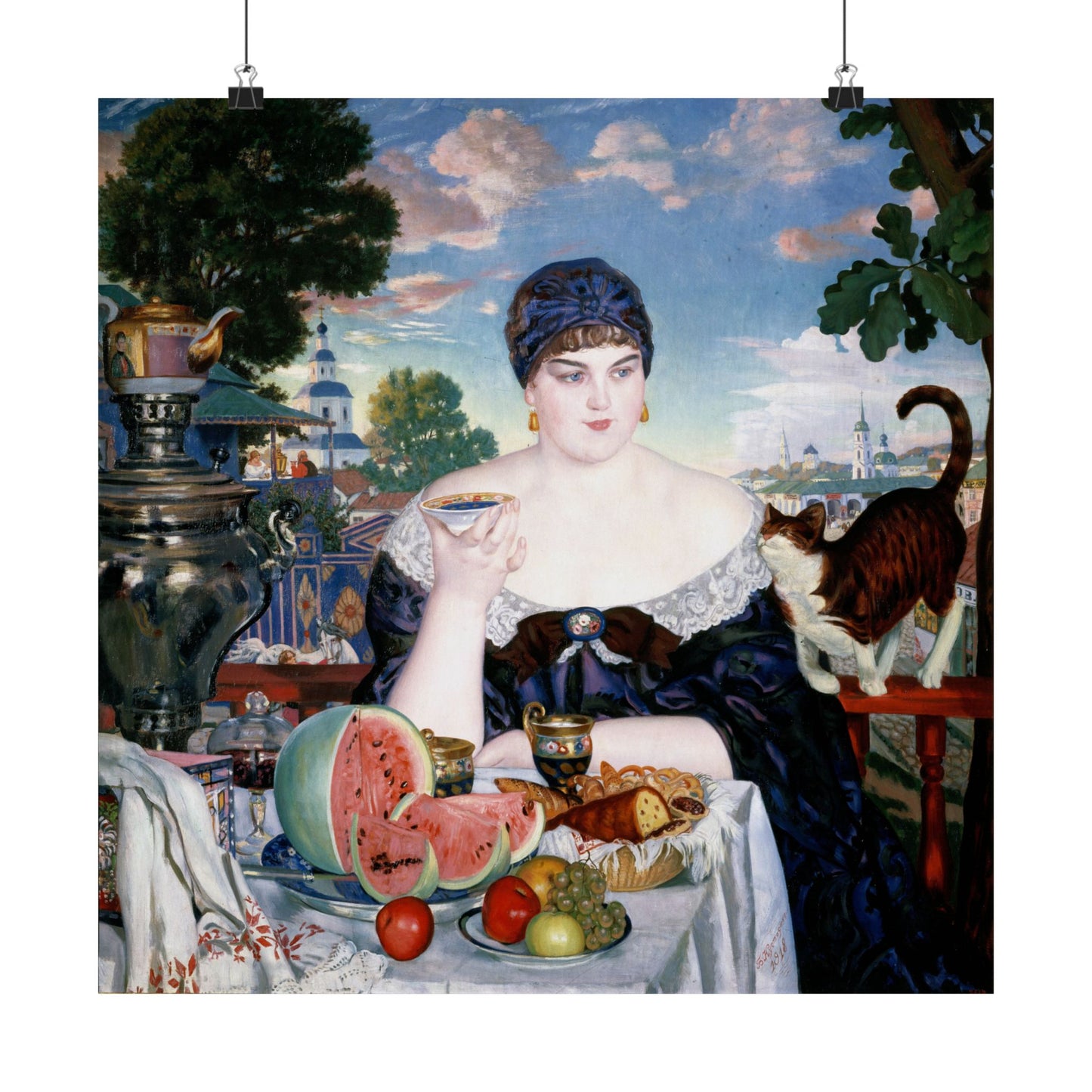 Merchant's Wife at Tea Poster by Boris Kustodiev, Russian Fine Art Print