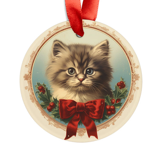 Vintage Christmas Kitten Acrylic Ornament - Cute Cat with Red Ribbon - Perfect Festive Decor for Tree, Unique Holiday Gift