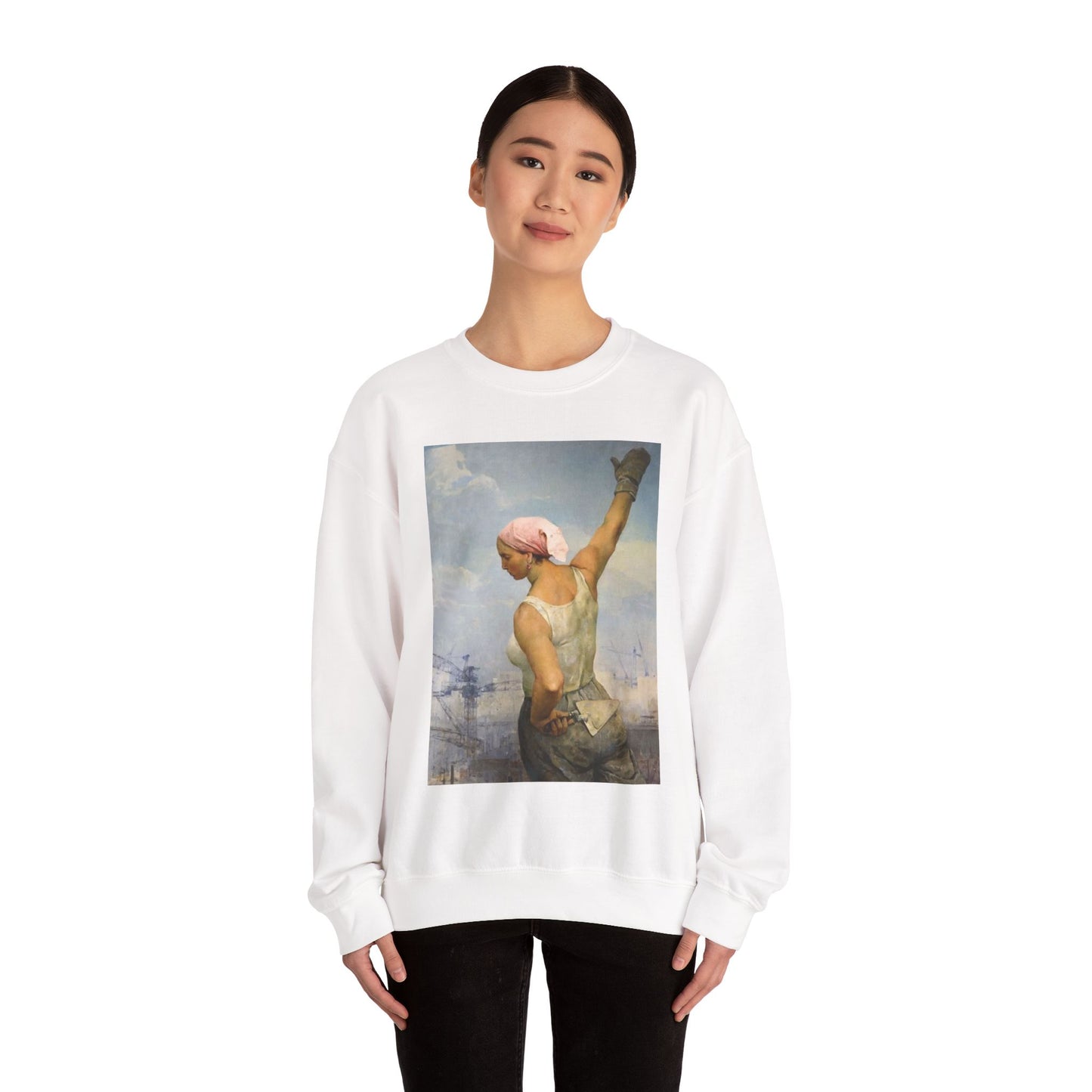 Feminist Art Crewneck Sweatshirt - Eco-Friendly Unisex Top with Construction Worker painting by Vladimir Serov