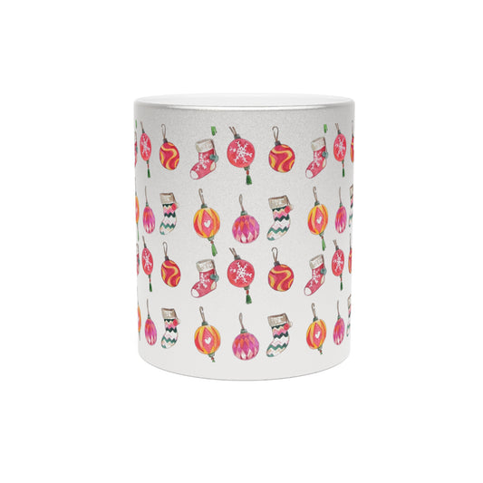 Elegant Silver or Gold Mug with Vintage Pink Christmas Ornament Design, Festive Gift for Coffee and Tea Lovers