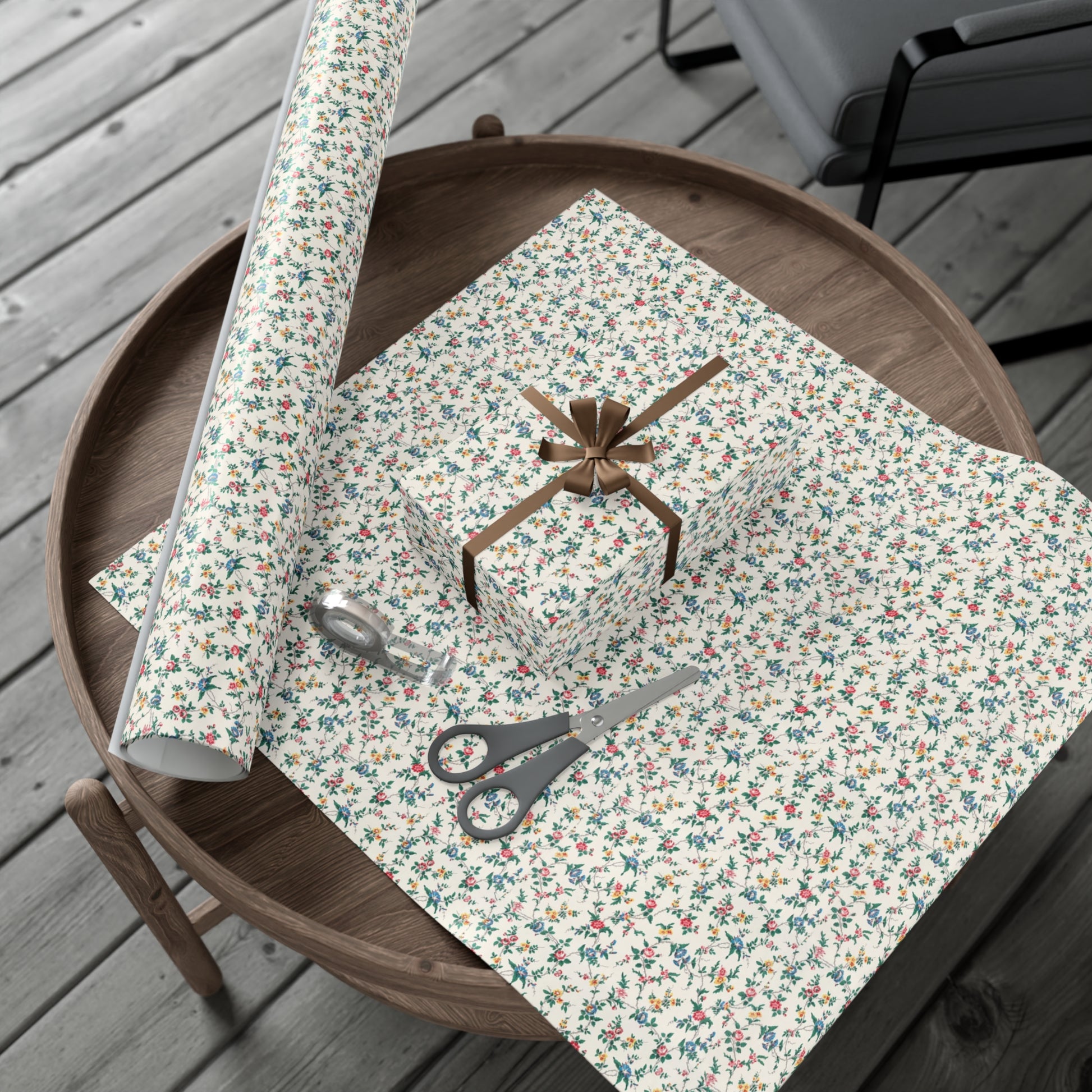 Elegant wildflower gift wrap in soft beige with delicate floral design, eco-friendly wrapping paper for birthdays, weddings, and special occasions.