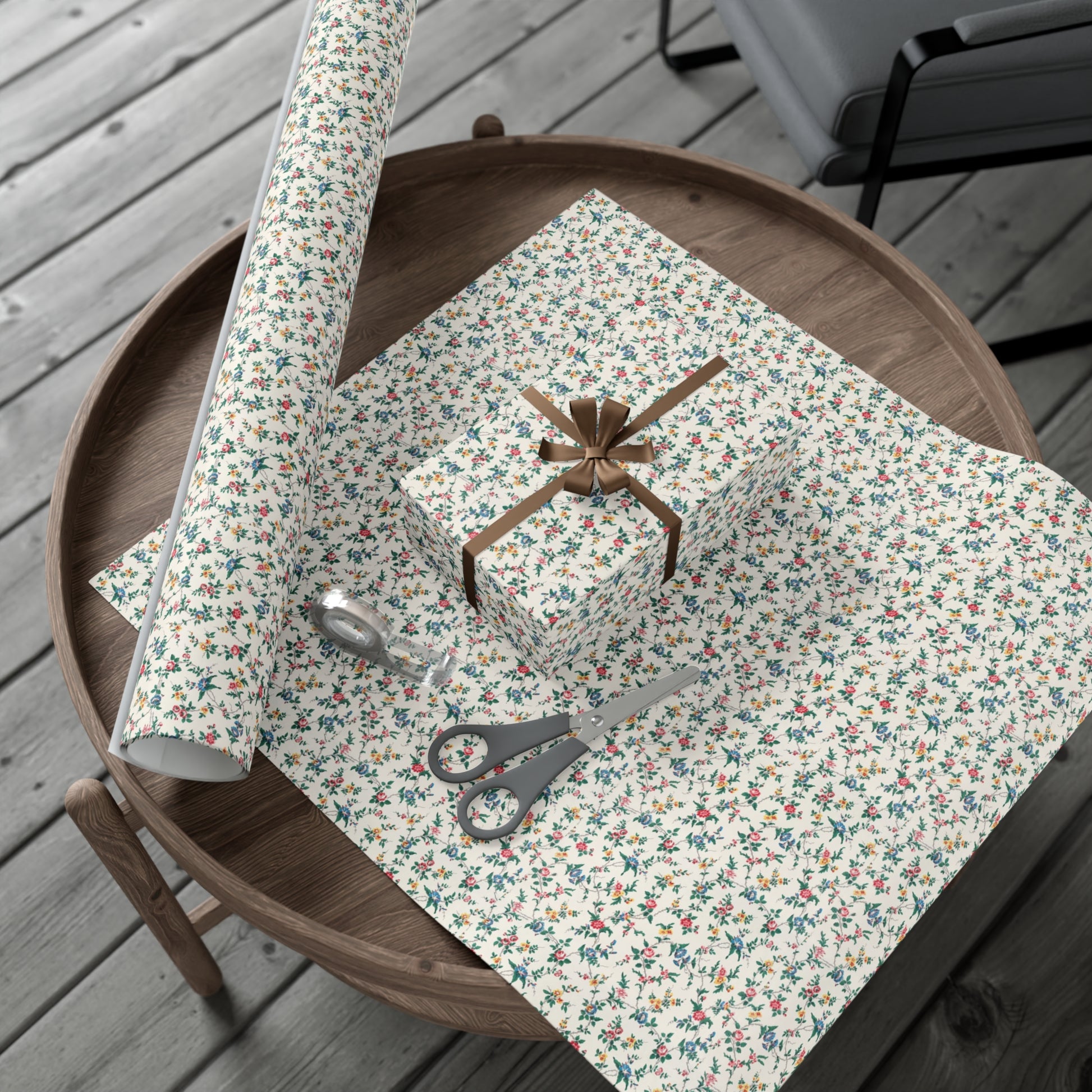 Elegant wildflower gift wrap in soft beige with delicate floral design, eco-friendly wrapping paper for birthdays, weddings, and special occasions.