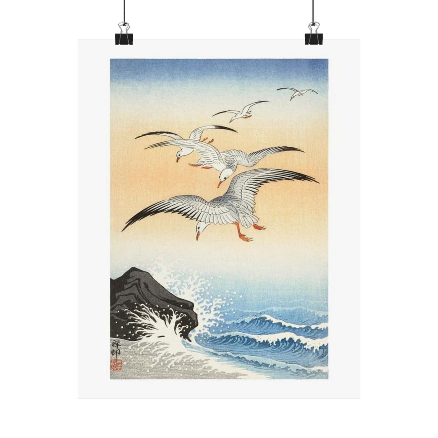 Japanese Art Print - Ohara Koson Five Seagulls Above Turbulent Sea - Nature Art Poster - Ideal Home Decor Gift