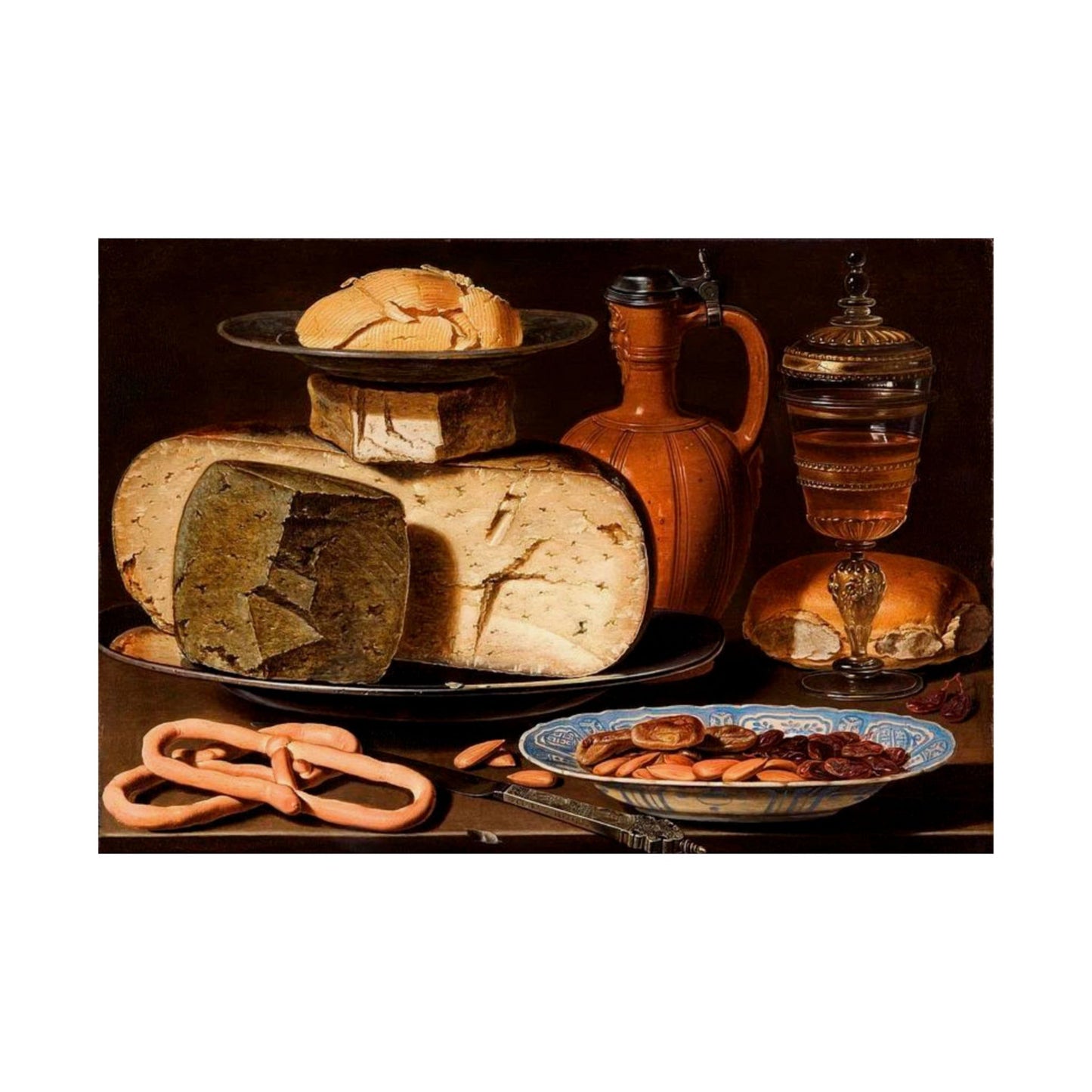 Clara Peeters' Still Life with Cheeses, Almonds and Pretzels Print - Classic Dutch Art Poster for Kitchen and Dining Decor